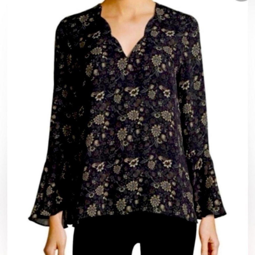 Kobi Halperin Saphira Silk Floral Blouse M Black Boho Bell Sleeve